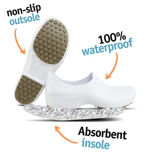 Waterproof Non Slip Nursing Shoes for Women - Chefs - Kitchen - Nurses - White Clogs for Work (Size 7)